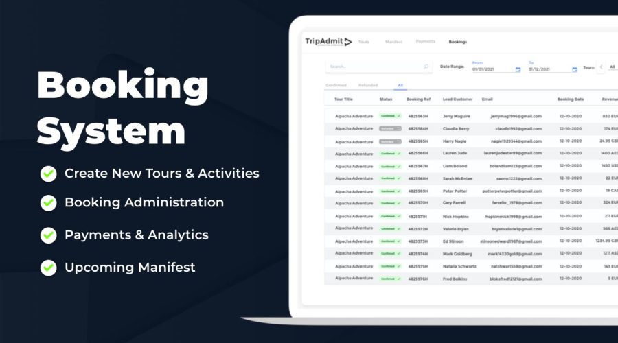 A laptop screen displaying a booking system with features listed: "Create New Tours & Activities," "Booking Administration," "Payments & Analytics," "Upcoming Manifest," and options for tour guide tipping.