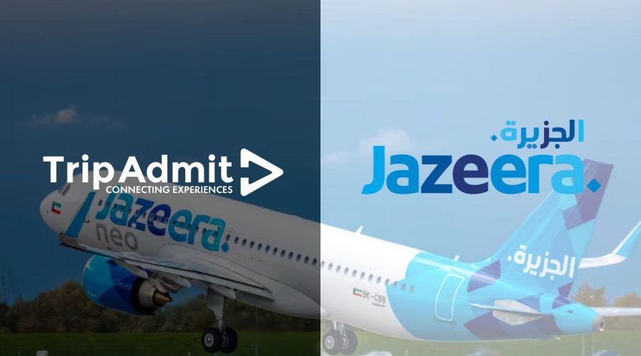 An aircraft with "Jazeera" branding is pictured, alongside the TripAdmit and Jazeera logos, showcasing their new initiative: Tap to Tip for tour guide tipping.