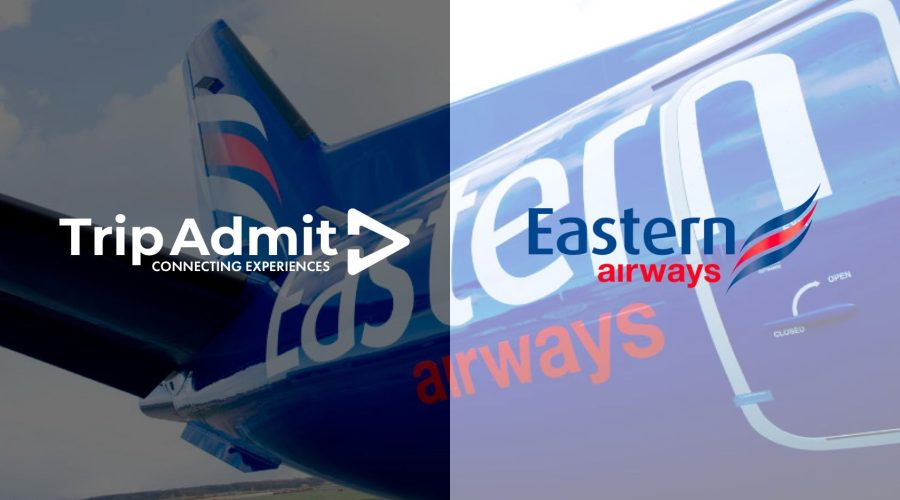 A split image featuring the logos of TripAdmit on the left and Eastern Airways on the right, with an Eastern Airways aircraft tail in the background. Don't forget to check tour reviews and use Tap to Tip for your tour guide!