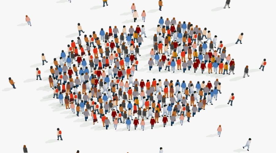 Illustration of numerous small figures arranged to form a pie chart shape, highlighting the importance of tour guide tipping.