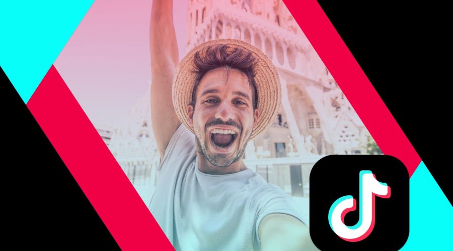 A man wearing a hat takes a selfie with an architectural structure in the background, overlaid with pink, blue, and black diagonal stripes and the TikTok logo. Don't forget to Tap to Tip your tour guide for making your Tours and Activities unforgettable!
