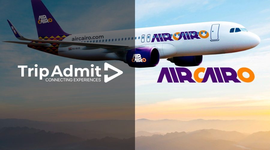 A split image features the TripAdmit logo on the left with the slogan "Connecting Experiences" and an Air Cairo airplane in flight on the right against a backdrop of a scenic sunset. Below, a subtle reminder to "Tap to Tip" highlights the ease of tour guide tipping.