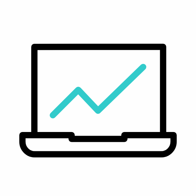 Icon of a laptop displaying a turquoise upward trending line graph on the screen, symbolizing positive tour reviews and feedback.