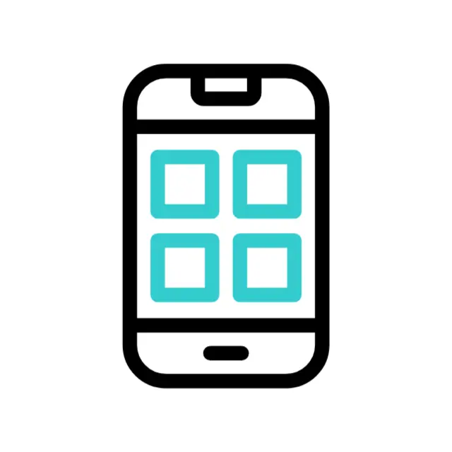 Icon of a smartphone displaying four blue square apps on the screen, including one for tour reviews. The phone has a home button at the bottom and a notch at the top.