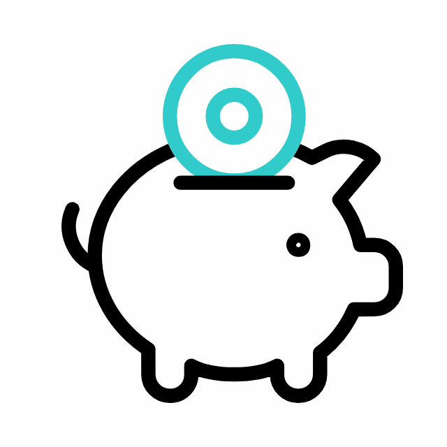 Outline of a piggy bank with a coin being inserted from the top. The coin, which has a turquoise blue outline, signifies "Tap to Tip." The piggy bank is black and white.