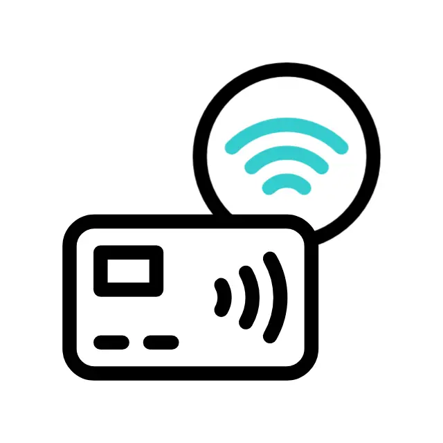 Icon of a contactless payment card with a circular signal symbol indicating wireless capability, perfect for tap-to-tip situations after enjoying tour reviews or thanking your tour guide.