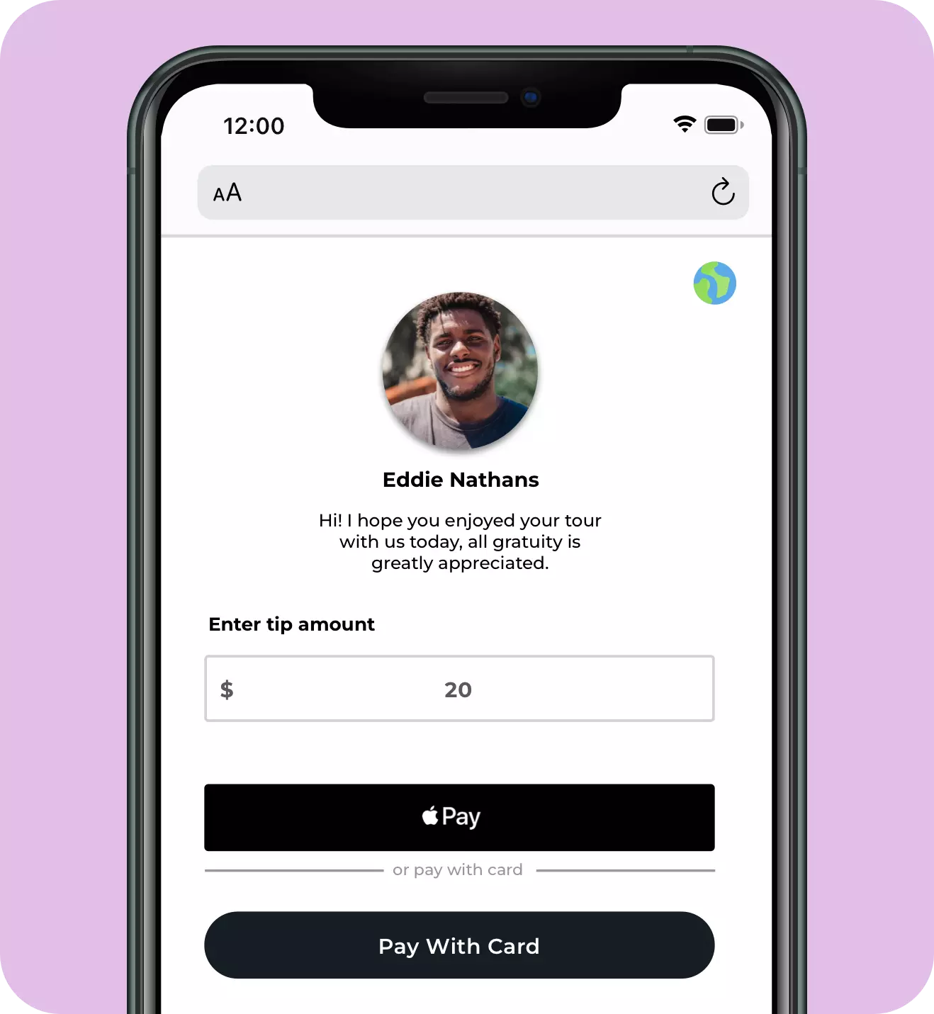 A smartphone screen displays a tipping app interface for tour guide Eddie Nathans, featuring his photo, a tipping prompt, and a preset $20 tip amount. Users can tap to tip via Apple Pay or card after enjoying their tours and activities.
