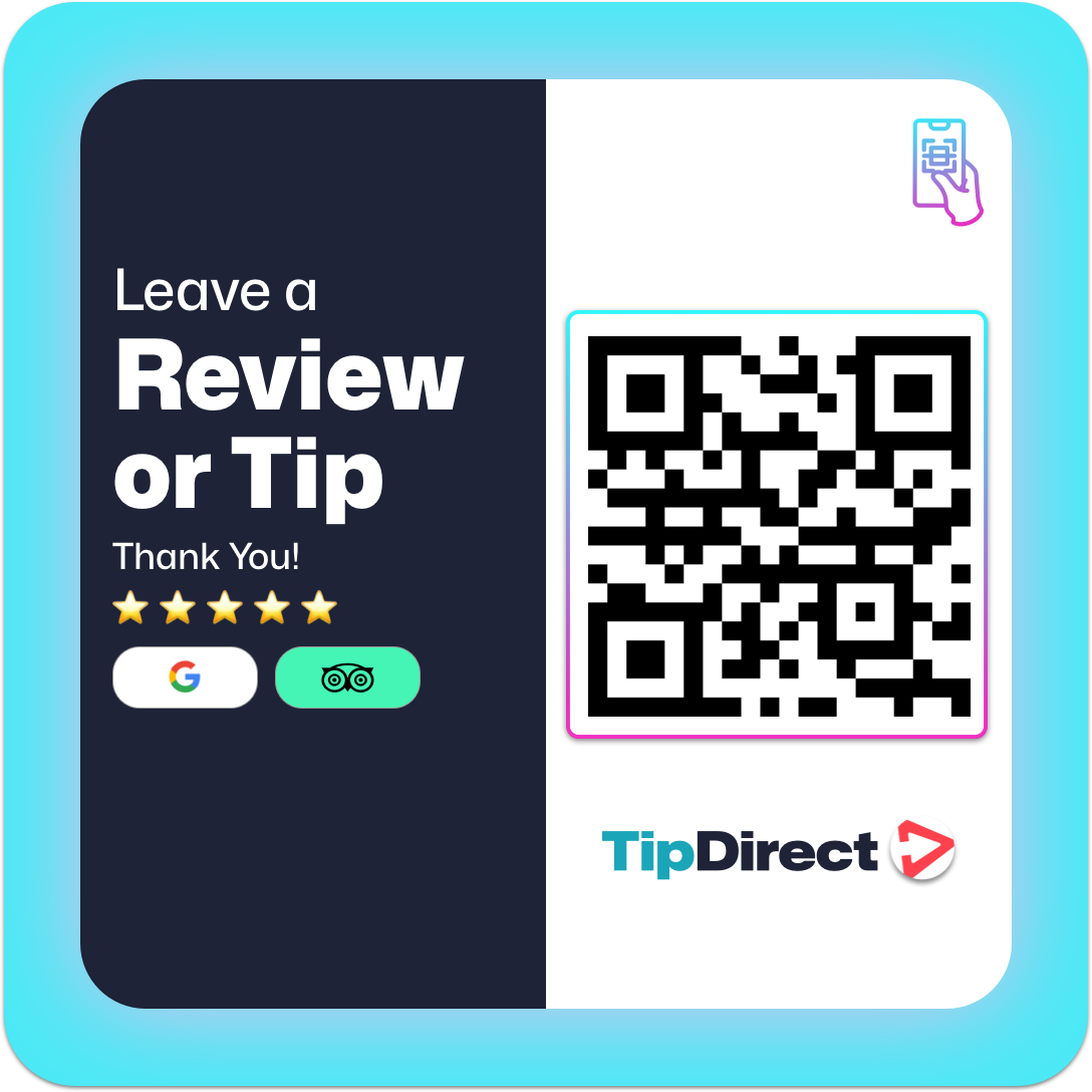 Image of a review or tip request with a QR code, stars for rating, buttons for Google and TripAdvisor, and the TipDirect logo. The text reads, “Tap to Tip – Leave a Review or Tip for Tours and Activities. Thank You! Image of a review or tip request with a QR code, stars for rating, buttons for Google and TripAdvisor, and the TipDirect logo. The text reads, "Tap to Tip - Leave a Review or Tip for Tours and Activities. Thank You!
