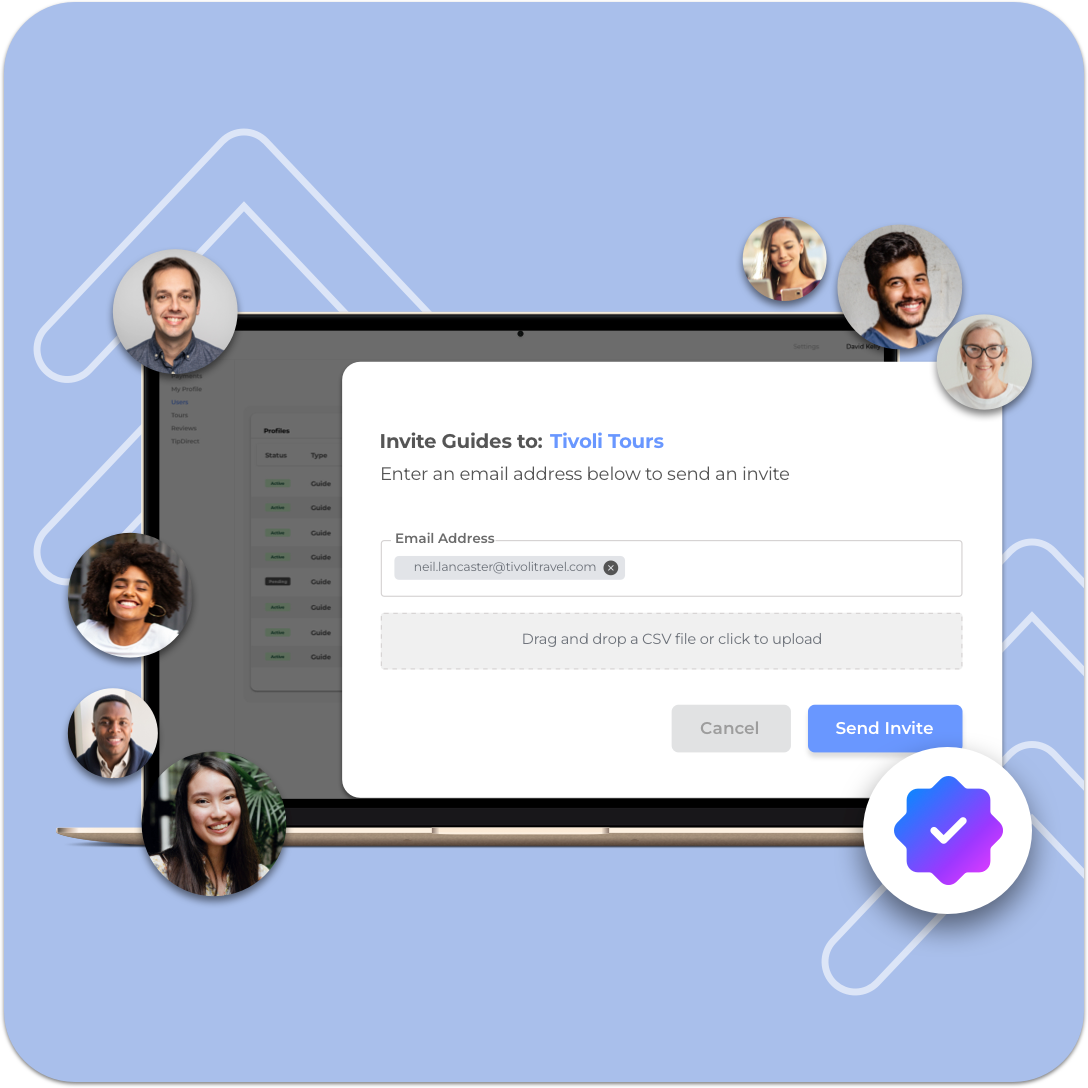 A laptop screen displays an email invitation form for Tivoli Tours, surrounded by six headshots of diverse individuals. Below the form are buttons labeled "Cancel" and "Send Invite." This platform also highlights how tour guide tipping ensures a personalized experience in your tours and activities.