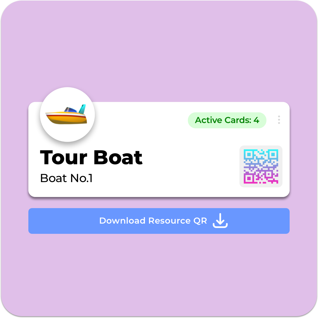 A digital card for “Tour Boat,” marked as Boat No.1, offers a seamless booking experience for tours and activities. It shows 4 active cards and a QR code. A blue button labeled “Download Resource QR” is below. The background is purple, making it easy to access tour reviews at a glance. A digital card for "Tour Boat," marked as Boat No.1, offers a seamless booking experience for tours and activities. It shows 4 active cards and a QR code. A blue button labeled "Download Resource QR" is below. The background is purple, making it easy to access tour reviews at a glance.