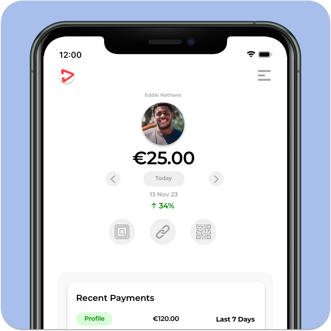 Smartphone screen showing a financial app with a balance of €25.00. The profile picture at the top shows a person smiling. Below are payment details, including a recent payment of €120.00 and an option to “Tap to Tip” your tour guide after reading tour reviews. Smartphone screen showing a financial app with a balance of €25.00. The profile picture at the top shows a person smiling. Below are payment details, including a recent payment of €120.00 and an option to "Tap to Tip" your tour guide after reading tour reviews.
