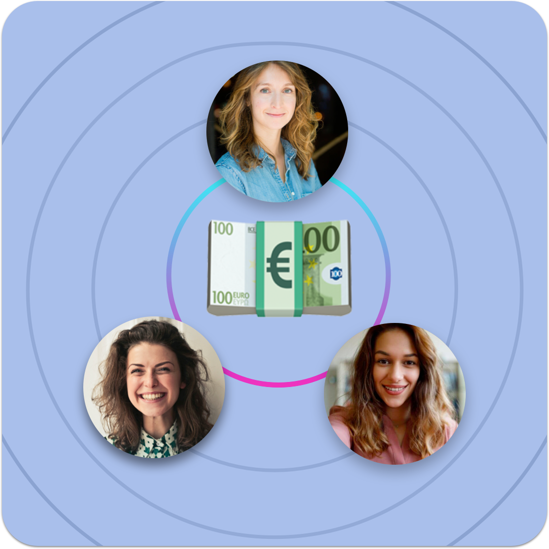 Three circular headshots of smiling women are positioned around an image of a 100 Euro banknote bundle on a gradient blue background with circular lines, hinting at the ease of tour guide tipping.