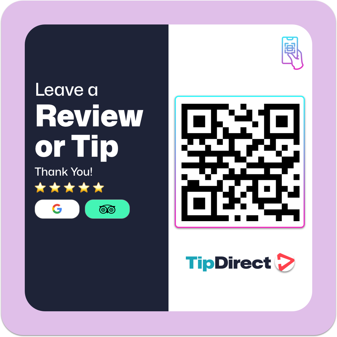 A sign invites users to leave a tour review or tip via a QR code, with options to rate on Google or TripAdvisor. The sign is branded with “TipDirect” and features a small icon of a hand holding a device, encouraging visitors to easily “Tap to Tip. A sign invites users to leave a tour review or tip via a QR code, with options to rate on Google or TripAdvisor. The sign is branded with "TipDirect" and features a small icon of a hand holding a device, encouraging visitors to easily "Tap to Tip.