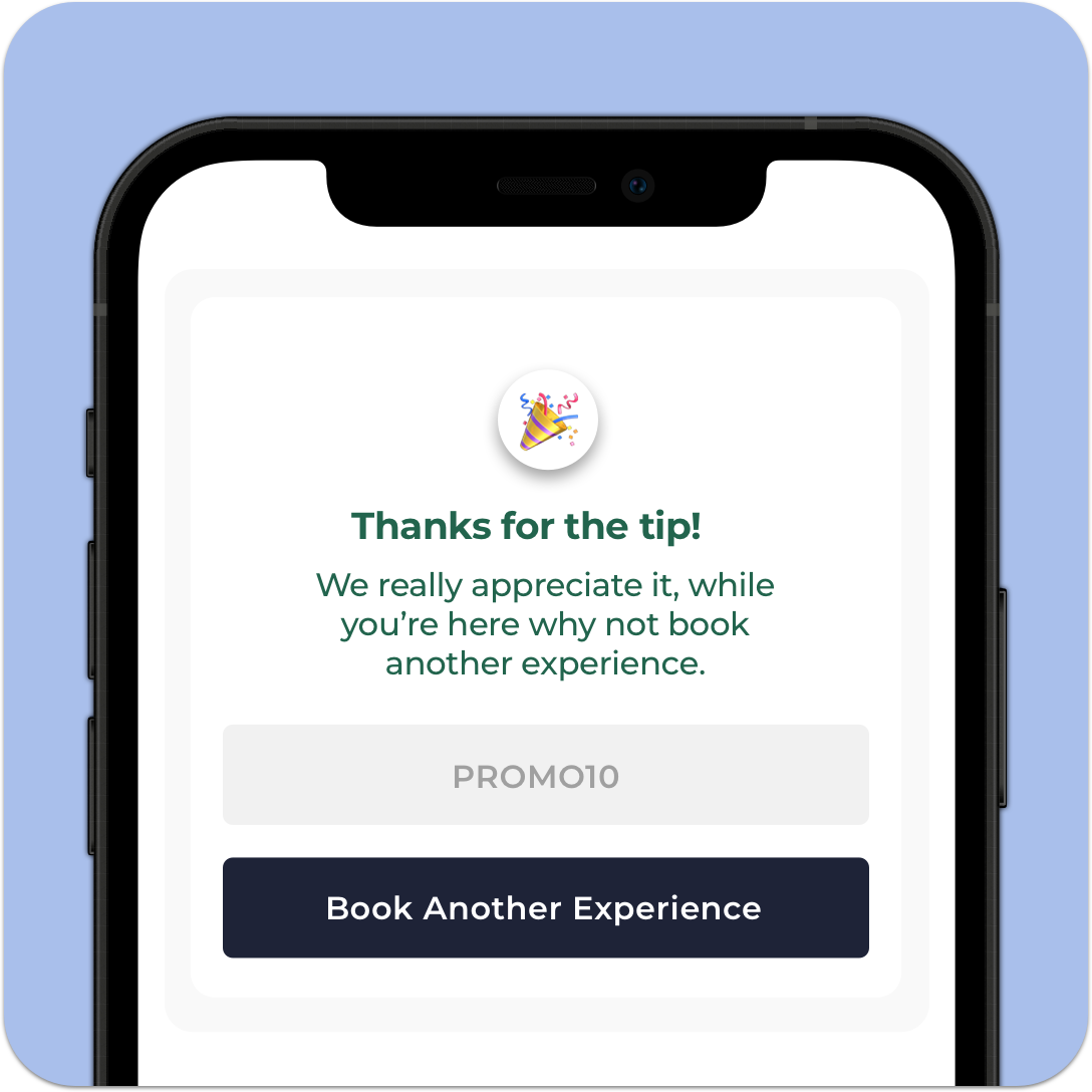 A smartphone screen shows a thank you message for tour guide tipping with a promo code "PROMO10" and a button labeled "Tap to Tip" or "Book Another Experience.