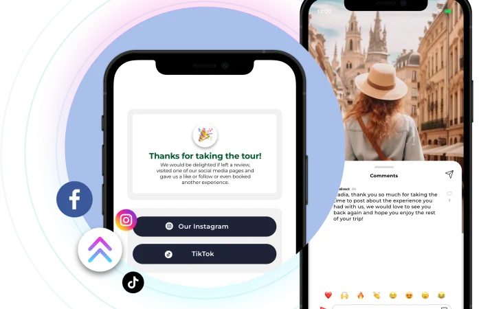 Two smartphones displaying social media prompts: one shows a thank-you message for a tour with social media links and the option to "Tap to Tip" your tour guide, while the other shows a woman in a hat walking in a city, with comments below.