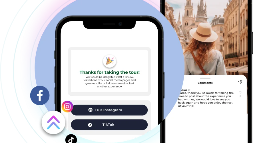 Two smartphones displaying social media prompts: one shows a thank-you message for a tour with social media links and the option to "Tap to Tip" your tour guide, while the other shows a woman in a hat walking in a city, with comments below.