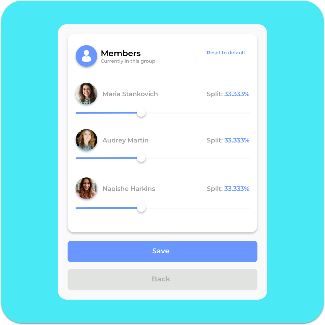 A screen displaying a "Members Currently in this group" list with names, profile pictures, and split percentages for Maria Stankovich, Audrey Martin, and Naoishe Harkins. Options to save or go back are at the bottom. Easily navigate to tour reviews or tap to tip directly from this page.