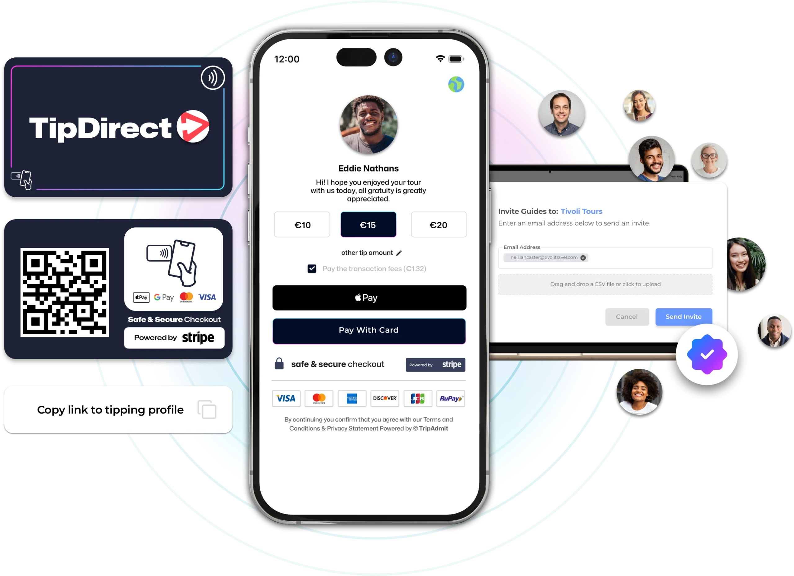 Image of a smartphone screen displaying a tipping interface for "Eddie Nethons" via TipDirect, surrounded by digital elements related to secure payment and "Tap to Tip" features. Ideal for tour guide tipping during Tours and Activities.