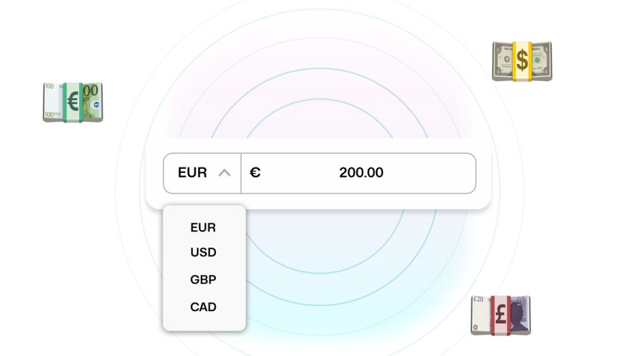 Image showing a currency selection dropdown on a digital tipping platform, with options for EUR, USD, GBP, and CAD, and illustrations of euro, dollar, and pound banknotes.