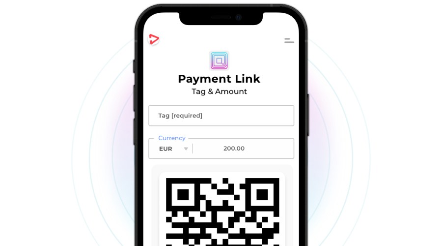 Mobile screen showing the Payment Link creation interface by TripAdmit. The screen features fields for adding a tag, specifying the currency (EUR), and the payment amount, along with a generated QR code for easy sharing