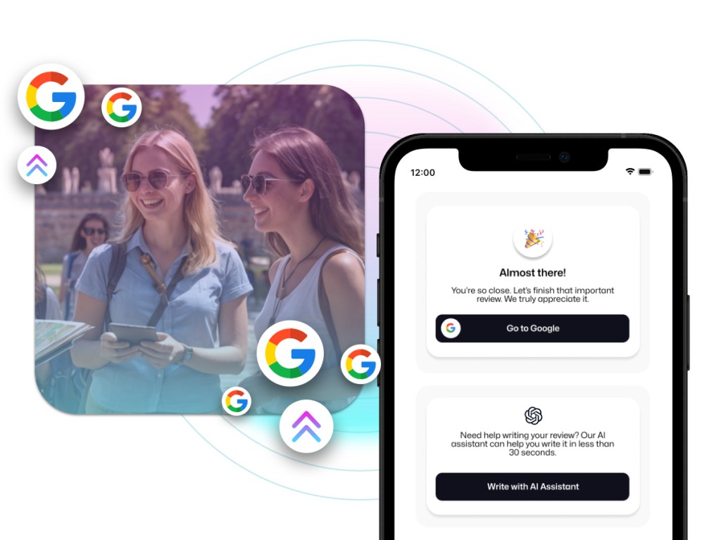 A digital illustration showcasing a seamless review request process. On the left, two smiling tourists with a mobile device are surrounded by floating Google review icons. On the right, a smartphone screen displays a TripAdmit interface prompting users to complete their Google review with an AI-powered writing assistant. The interface includes a 'Go to Google' button and an option to 'Write with AI Assistant' for quick review generation.