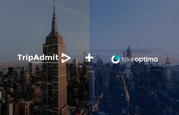 A split-image graphic featuring a city skyline at dusk with the Empire State Building on the left side and a modern cityscape on the right. The logos of TripAdmit and TourOptima are centered, with a "+" sign between them, symbolizing their new partnership. The image conveys collaboration and innovation in the tourism industry.