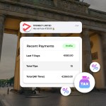 Digital tipping notification and tax-free payment summary overlaid on Brandenburg Gate in Germany, showing TipDirect platform earnings and taxation icons.