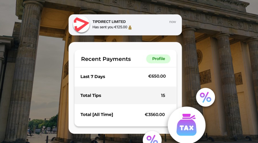 Digital tipping notification and tax-free payment summary overlaid on Brandenburg Gate in Germany, showing TipDirect platform earnings and taxation icons.