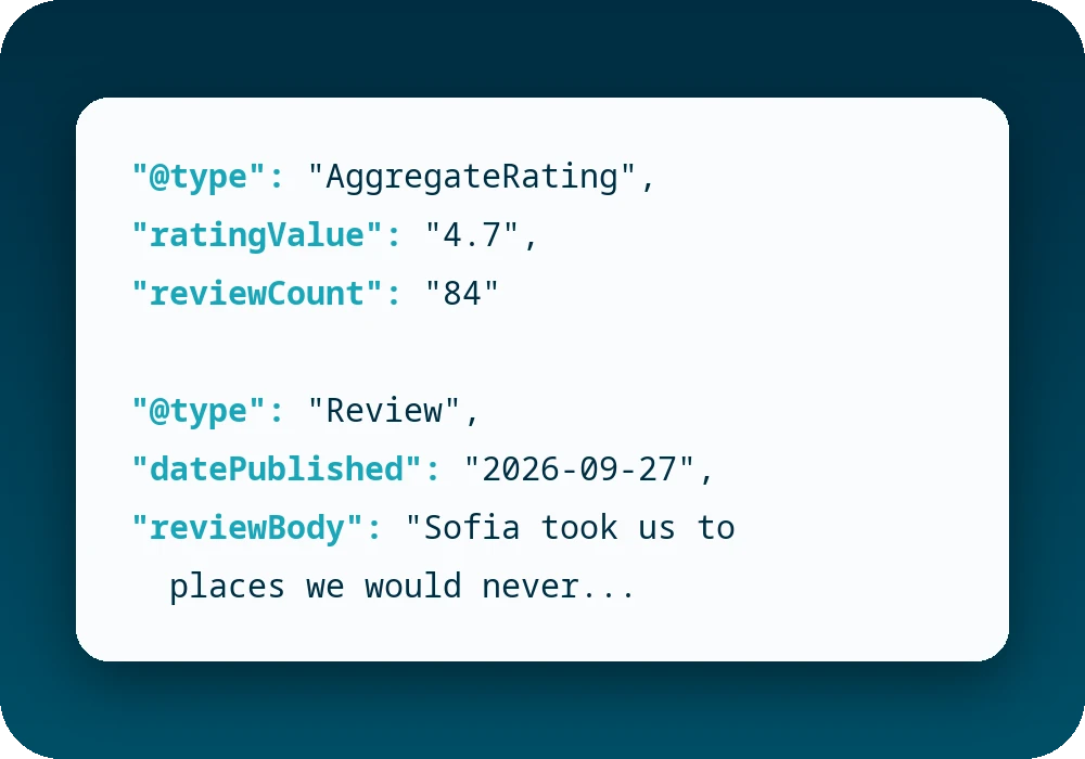 tripadmit-ai-feeder-structured-data The structured review data the AI Feeder writes into the page: rating value, review count and review text