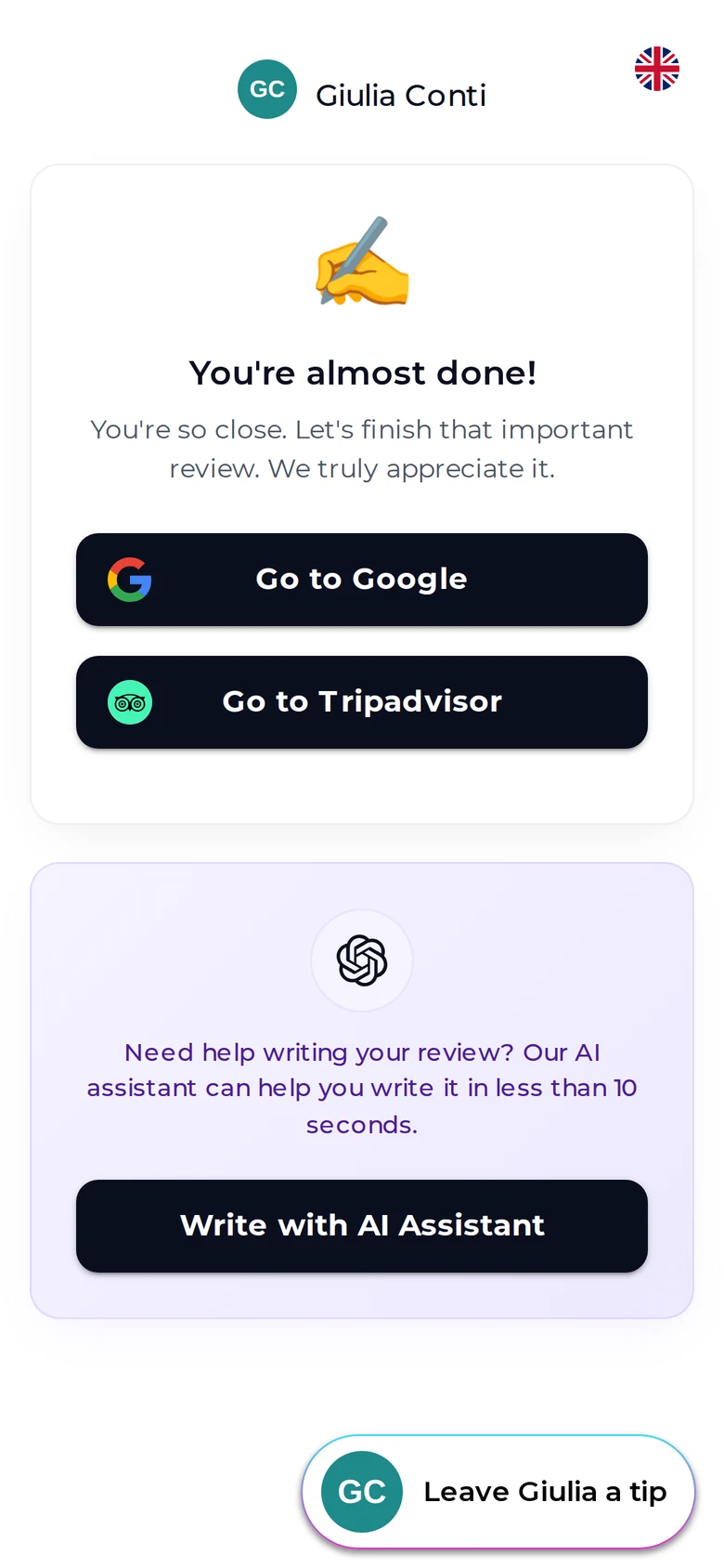 TripAdmit's guest review screen: Go to Google, Go to Tripadvisor, and the AI Review Assistant