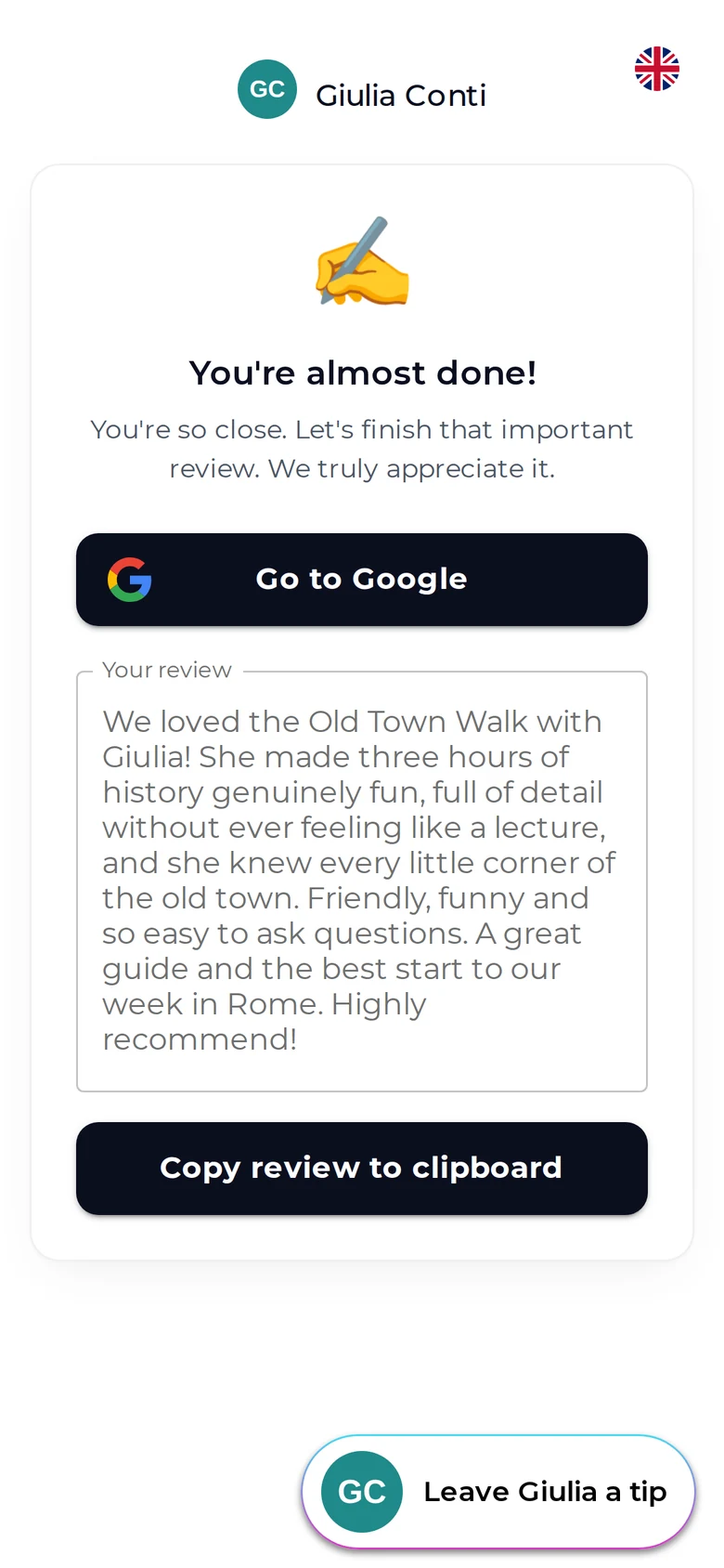 The AI Review Assistant's suggested review for a tour with Giulia, with Go to Google