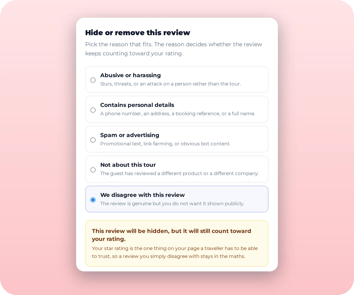 tripadmit-review-hub-hide-reasons-1 Review Hub: reasons for hiding a review, with a warning that a review you disagree with still counts toward your rating