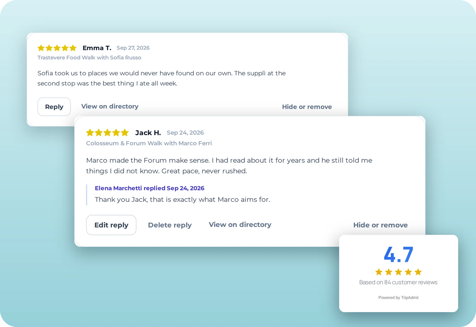 tripadmit-review-hub-reviews-and-rating Review Hub: two guest reviews for a demo tour company, one with the owner's reply, and the 4.7 star rating shown on the website